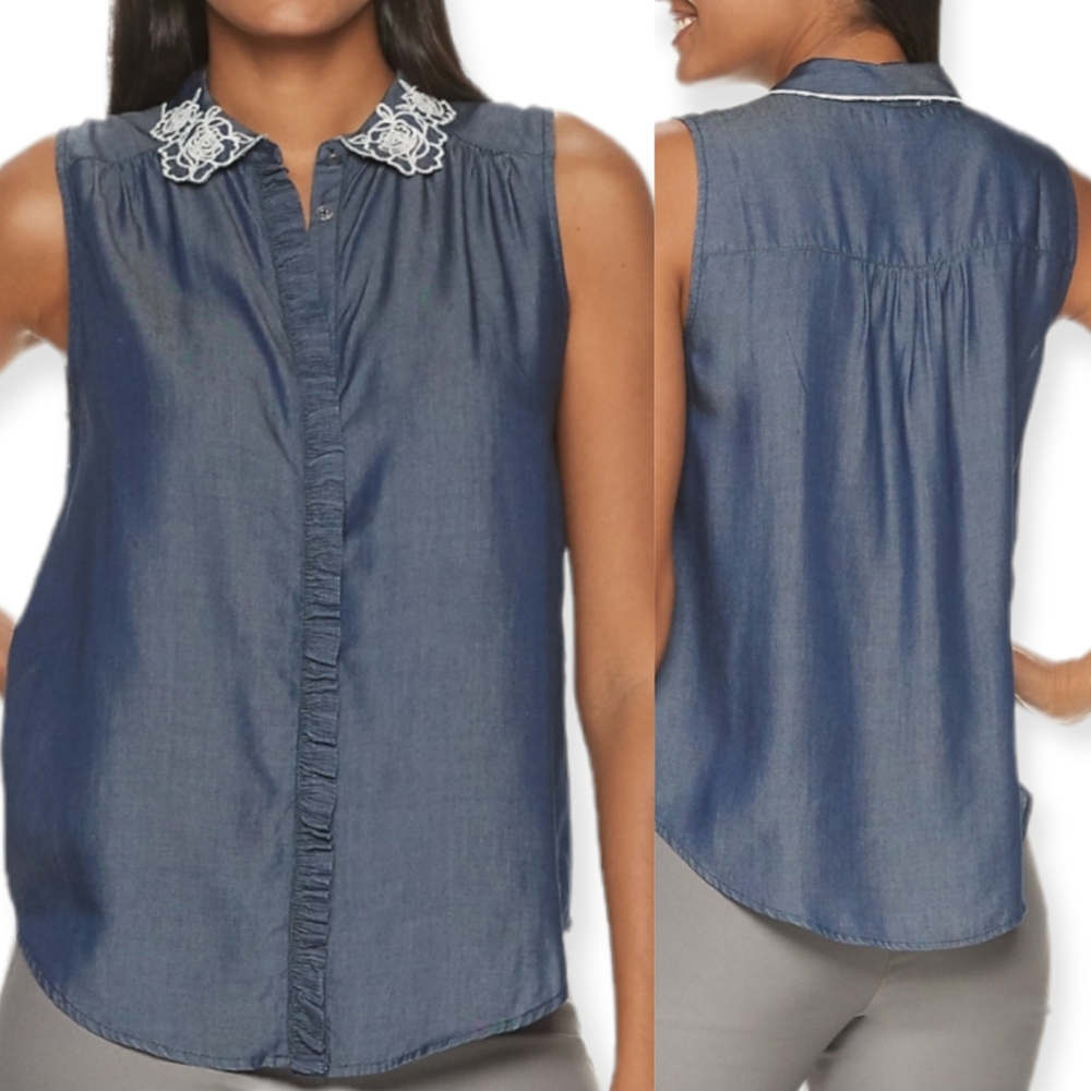 ELLE Chambray Floral Embroidered Collar Sleeveless Blouse 2XL